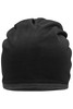 A black fleece beanie featuring a soft inner lining and a simple design, with a logo on the side.