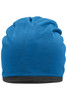 A fleece beanie in a bright blue colour with a dark grey trim at the base. It features a logo.