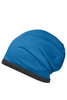 A fleece beanie in bright blue with a contrasting black band at the bottom and a smooth texture.
