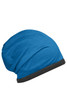 A blue fleece beanie with a black trim. The beanie has a slouchy design.