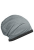 A grey fleece beanie with a darker grey trim, featuring a logo on the side.