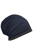 A fleece beanie in dark navy with a contrasting black band at the bottom. It has a simple design and a logo.