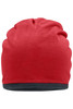 A red fleece beanie with a dark grey cuff, featuring a logo on the side.
