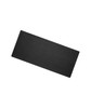 A black yoga mat with a textured surface. It has a rectangular shape and features a branding logo.