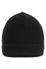 A black ribbed beanie with a folded cuff and a simple logo on one side.