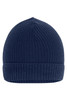 A navy blue beanie with a textured knit design and a folded brim, featuring a logo.