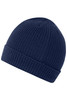 A navy blue beanie with a ribbed texture and a folded cuff, featuring a logo on the side.