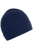 A navy blue knitted beanie with a ribbed texture and folded brim, featuring a logo.