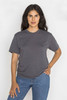 A grey short sleeve cotton poly crew tee displayed on a model. The design features a simple, casual look.