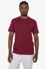 A maroon short sleeve cotton-polyester crew tee displayed on a model, featuring a simple design and a logo.
