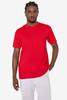 A red short sleeve cotton-poly crew tee on a model, featuring a casual fit and intricate detailing.