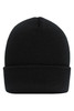 A black high brim beanie with a folded cuff and a simple design, featuring a logo.