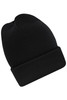 A high brim beanie in black with a fold-over cuff and a simple logo.