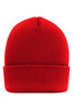 A red high brim beanie with a folded cuff, featuring a simple design and a logo on the side.