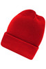 A red high brim beanie with a folded brim and soft texture. It has a logo on one side.