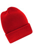 A red high brim beanie with a folded cuff. The beanie features a logo on its side.