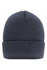 A high brim beanie in dark grey, featuring a simple knitted design and a folded cuff at the bottom.