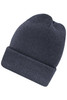 A dark grey high brim beanie with a rolled cuff and a soft knitted texture. It features a logo on the side.