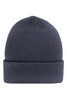 A high brim beanie in dark grey, featuring a knitted texture and a folded cuff. It has a logo on the side.