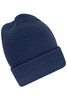 A high brim beanie in navy blue, featuring a knitted texture and a folded cuff, with a logo on it.