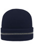 A navy reflective beanie with a silver stripe around the band. It features a ribbed texture and a logo.