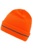 An orange reflective beanie with a grey stripe around the brim, featuring a logo.