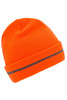An orange beanie with a grey reflective band around the middle. It has a knitted texture and a fold-up brim.