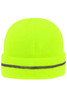 A reflective beanie in bright yellow with a grey stripe around the base. Features a logo on the side.