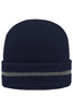 A navy blue beanie with a reflective silver band, featuring a logo on the front.