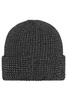 A reflective winter beanie in black with a textured knitted design and a logo.