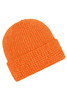 A reflective winter beanie in vibrant orange, featuring a textured knit design and a folded cuff.