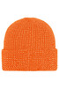 A reflective winter beanie in bright orange, featuring a knitted texture and a cuffed design. It has a logo.
