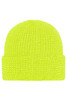 A reflective winter beanie in bright yellow, featuring a knitted texture and a folded brim. It has a logo.