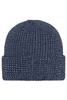 A navy blue reflective winter beanie featuring a textured knit design and a turned-up cuff. It has a logo branding.