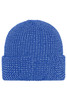A blue reflective winter beanie with a folded cuff and a textured knit pattern, featuring a logo.
