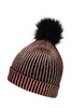A metallic beanie in shades of pink and black, featuring a fluffy black pom-pom at the top and a ribbed pattern.