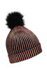 A ladies metallic beanie featuring pink and black stripes with a fluffy black pom-pom on top.