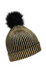 Metallic black and gold beanie with a fluffy black pom-pom on top and a striped design. Features a logo.