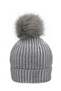 A grey metallic beanie with a fluffy pom-pom on top and ribbed texture. Features a logo.