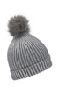 A ladies metallic beanie in grey with a fluffy pom-pom on top, featuring a ribbed texture and a logo.