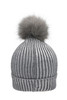 A grey metallic beanie with a fluffy pom-pom on top and ribbed texture. It features a logo on the side.