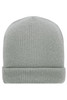 A soft knitted winter beanie in a light grey colour with a rolled brim and ribbed texture.