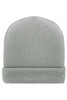 A soft knitted winter beanie in a light grey colour, featuring a ribbed design and rolled cuff.
