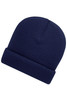 A soft knitted winter beanie in navy blue with a ribbed texture. It features a fold-over design and a logo.