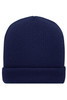 A soft knitted winter beanie in navy blue with a rolled cuff at the bottom. It features a logo on the side.