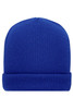 A blue knitted winter beanie with a fold-up cuff. It has a textured pattern and features a logo.