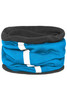 A tube scarf featuring blue and black colours with a white stripe design, suitable for winter wear.