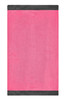 A pink scarf with black edges, designed as a winter accessory. It has a logo at one corner.