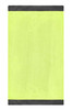 A bright yellow scarf with dark grey borders, featuring a logo. Ideal for winter accessories.