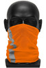 An orange neck gaiter with reflective stripes displayed on a black mannequin head.